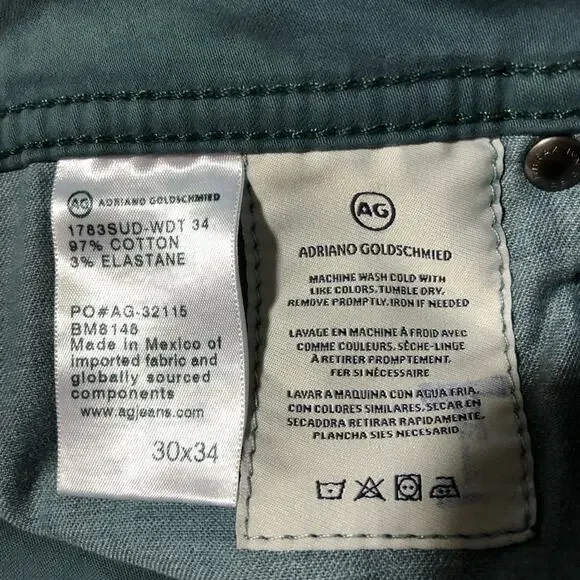 Adriana Goldschmied AG mens 30x34 teal blue tellis modern slim jeans pants